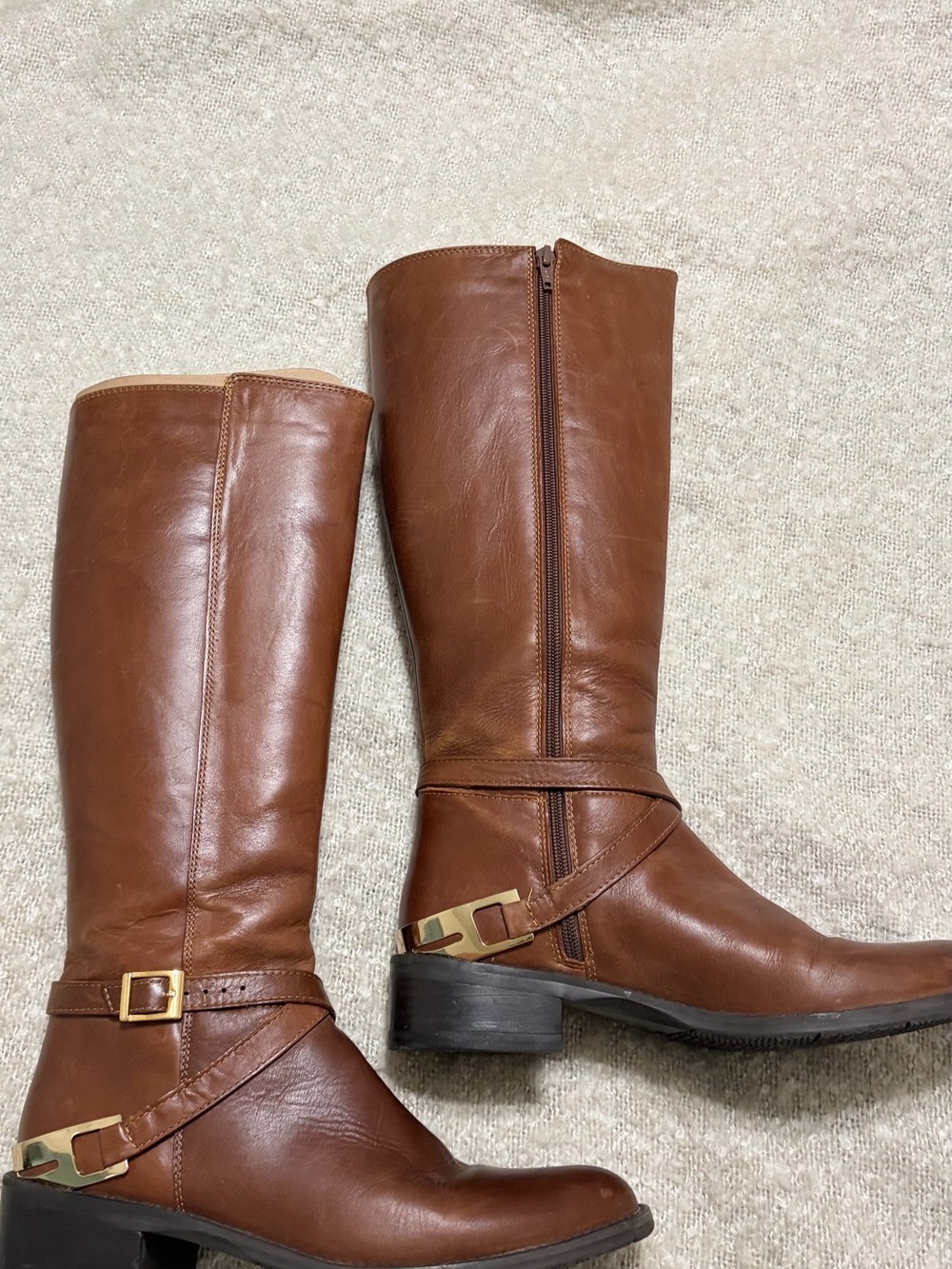 Carlo Rossetti Women's Brown Leather Riding Boots with Gold Buckle
